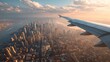 © Honey - Soaring above a vibrant city skyline at sunset, airplane wing framing the breathtaking urban expanse