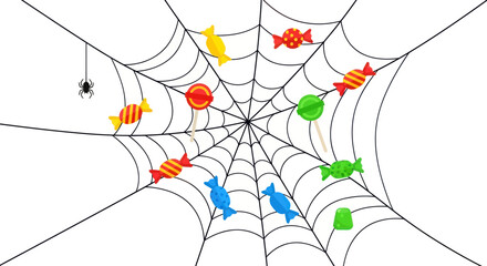 Colorful Halloween Candy Trapped in Spider Web Design.