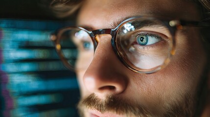 Focused programmer intensely analyzing glowing code on screen reflecting in glasses