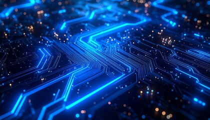 Glowing Blue Circuit Board Abstract with Bokeh Lights Background