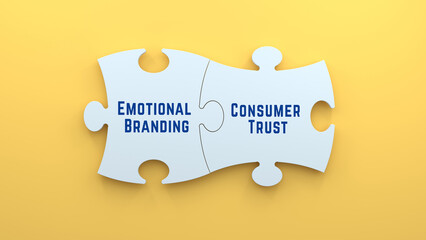 Wall Mural - Emotional Branding and Consumer Trust text message on jigsaw puzzle pieces. white puzzle and yellow background