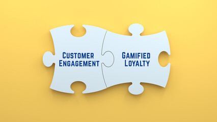 Wall Mural - Gamified Loyalty and Customer Engagement text message on jigsaw puzzle pieces. white puzzle and yellow background