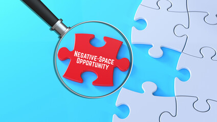 Negative-Space Opportunity message magnified on red puzzle background in 3D text banner style