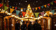 © val_webart - People walking in winter snow at festive market with colorful lights