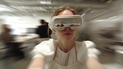medium shot of a viewer experiencing immersive vr art headset and captivated expression centered and