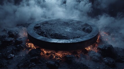 Enigmatic industrial object surrounded by burning embers and smoke evokes mystery and otherworldly atmosphere