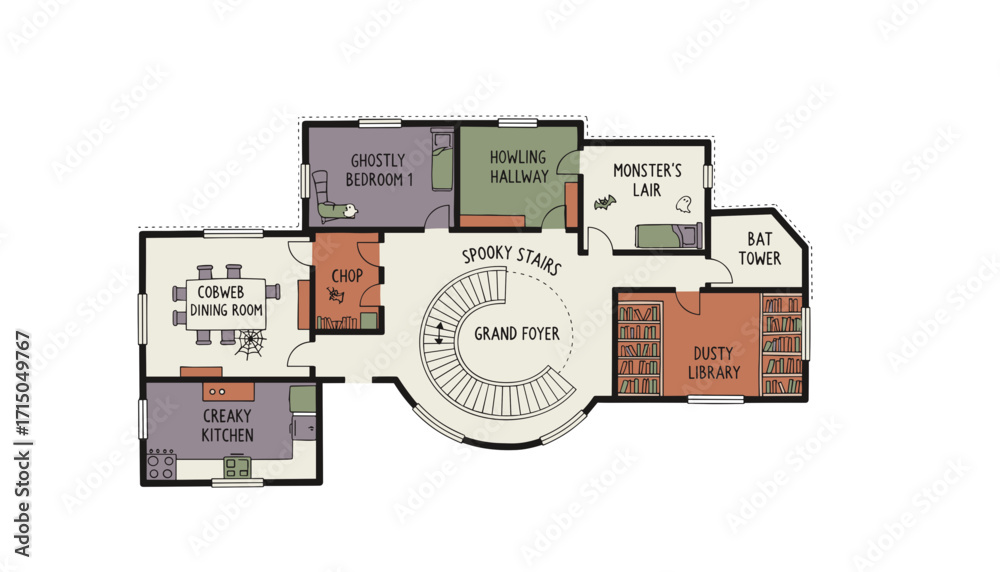Illustrated haunted house floor plan scary rooms for Halloween fantasy ...