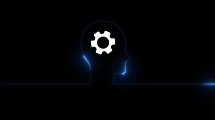 Animated gear icons inside head present operation management involving business process, high performance, monitoring and evaluation, neon line Human head with gear inside icon animation