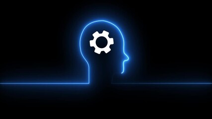 Animated gear icons inside head present operation management involving business process, high performance, monitoring and evaluation, neon line Human head with gear inside icon animation