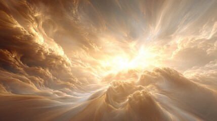 Wall Mural - Golden light filters through dramatic clouds, casting an ethereal glow over the landscape at sunset, illuminating the sky with vibrant hues and intricate patterns.