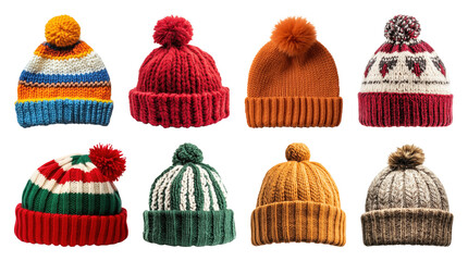 Wall Mural - PNG Colorful knitted winter hats collection, element set on transparent background