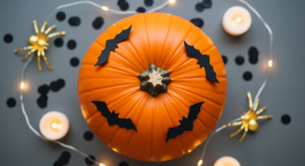 Orange pumpkin decorated with black bats, surrounded by candles, fairy lights, and gold spiders on gray background Halloween festive composition