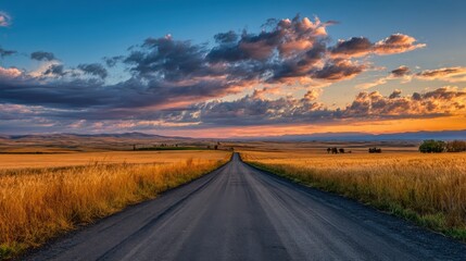 Wall Mural - Golden fields stretch along a winding road under a colorful sky at sunset. The horizon showcases rolling hills, creating a tranquil rural atmosphere.