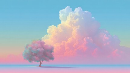 Wall Mural - Soft pastel colors fill the sky at sunset, showcasing fluffy clouds above a solitary tree in a tranquil landscape, creating a peaceful atmosphere at dusk.