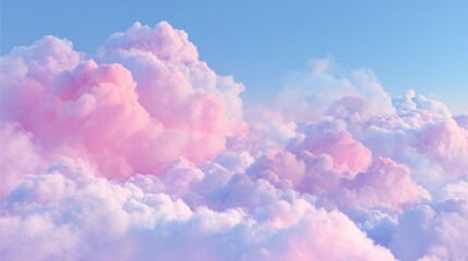 Wall Mural - Fluffy pink and white clouds stretch across the sky at sunset. The tranquil scene captures a serene moment of natures beauty, inviting calmness and wonder.