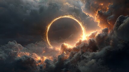 Wall Mural - Dramatic golden ring portal emerges through fiery storm clouds, cosmic gateway to the unknown