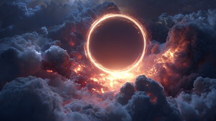 Wall Mural - Mysterious glowing portal emerges from fiery cosmic clouds creating dramatic, awe-inspiring spectacle