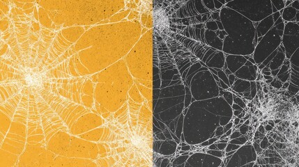 Beautiful spider webs showcase intricate patterns against a bright orange background on one side and a dark contrast on the other, highlighting natures creativity and detail in web architecture.