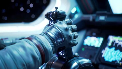 An astronaut's gloved hand commands futuristic spaceship controls in a high-tech cockpit, navigating through outer space on a journey of exploration.