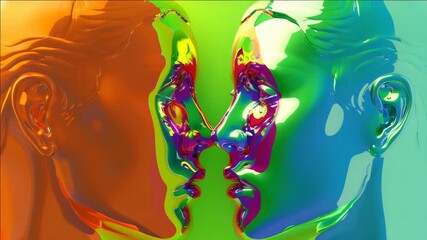 Wall Mural - A three-dimensional digital art piece showcasing a surreal and vibrant portrait of two figures, possibly lovers, in an abstract expression.