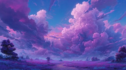 Wall Mural - Vibrant hues of purple and pink fill the sky as the sun sets over a peaceful landscape. Fluffy clouds reflect the warm light above a calm river surrounded by lush greenery.