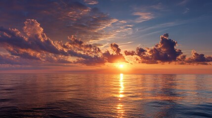 Wall Mural - Vibrant colors fill the sky as the sun sets over the tranquil ocean. Reflections shimmer on the waters surface, creating a serene atmosphere.