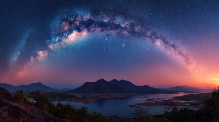 Wall Mural - A breathtaking view of the night sky filled with stars and the Milky Way arching over rolling mountains and a calm lake. Twilight enhances the serene atmosphere.