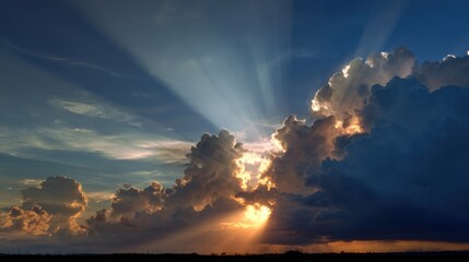 Wall Mural - Beautiful rays of sunlight burst through dark clouds, creating a stunning contrast against the twilight sky. The atmospheric scene captures the essence of a peaceful evening.