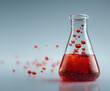 © Silent26 - Zbliżenie na zestaw czterech szklanych naczyń laboratoryjnych, z których dwa wypełnione są błękitnym płynem. Przedmioty stoją na jasnym blacie.