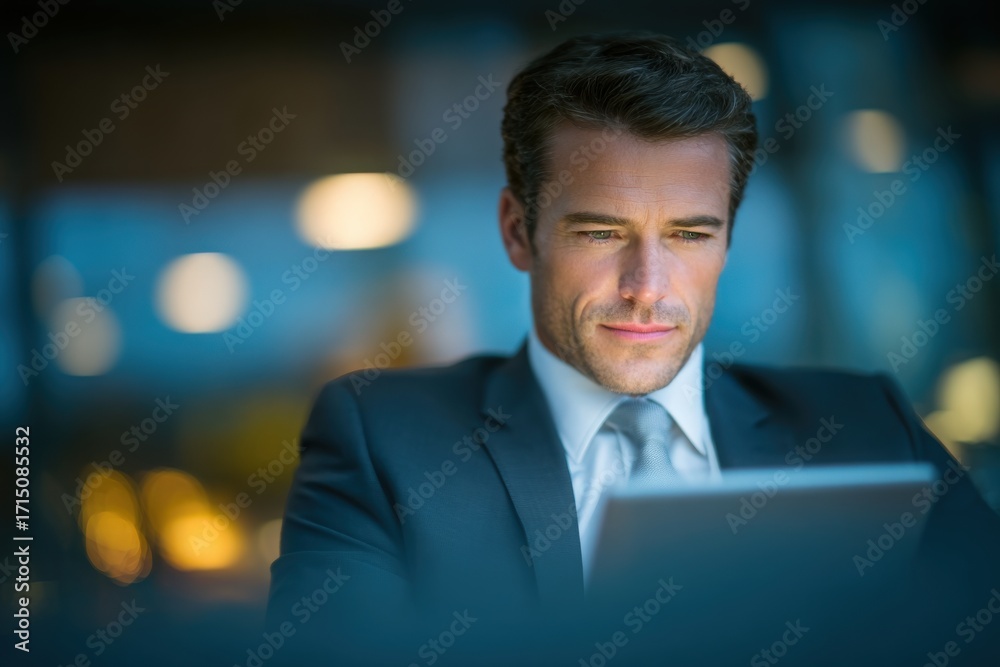 A well-dressed businessman sits at a desk in a modern office, concentrating on his tablet. Soft lighting creates a relaxed atmosphere as he engages with his device during the evening.