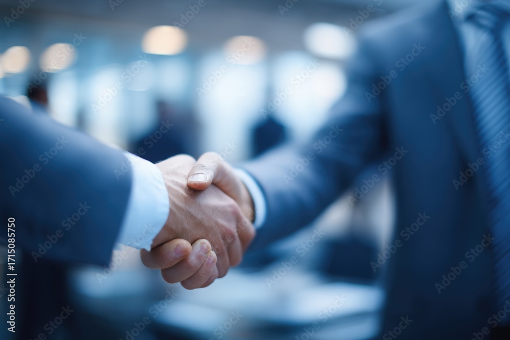 Two business professionals engage in a handshake, demonstrating a positive outcome after a meeting. The office has a contemporary design with blurred figures in the background.