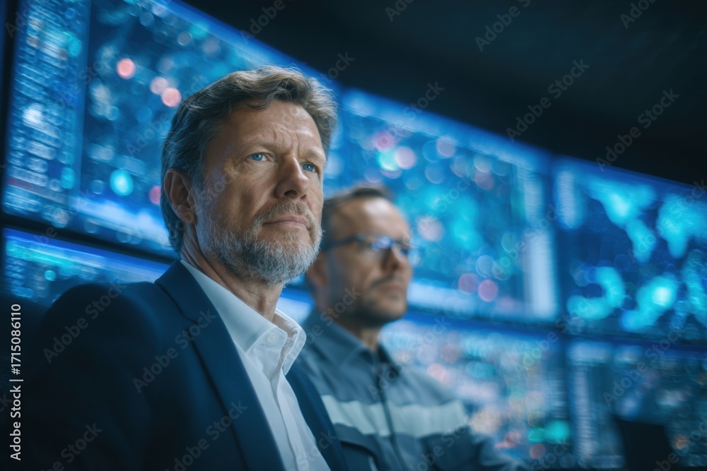 In a modern control room, two men focus on numerous large screens filled with data and maps. The atmosphere is serious as they analyze crucial information during a critical situation.