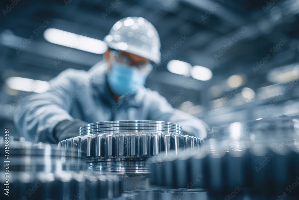 A worker in protective gear focuses on assembling metal gears in a factory. The environment is filled with industrial equipment, showcasing a bustling manufacturing process.
