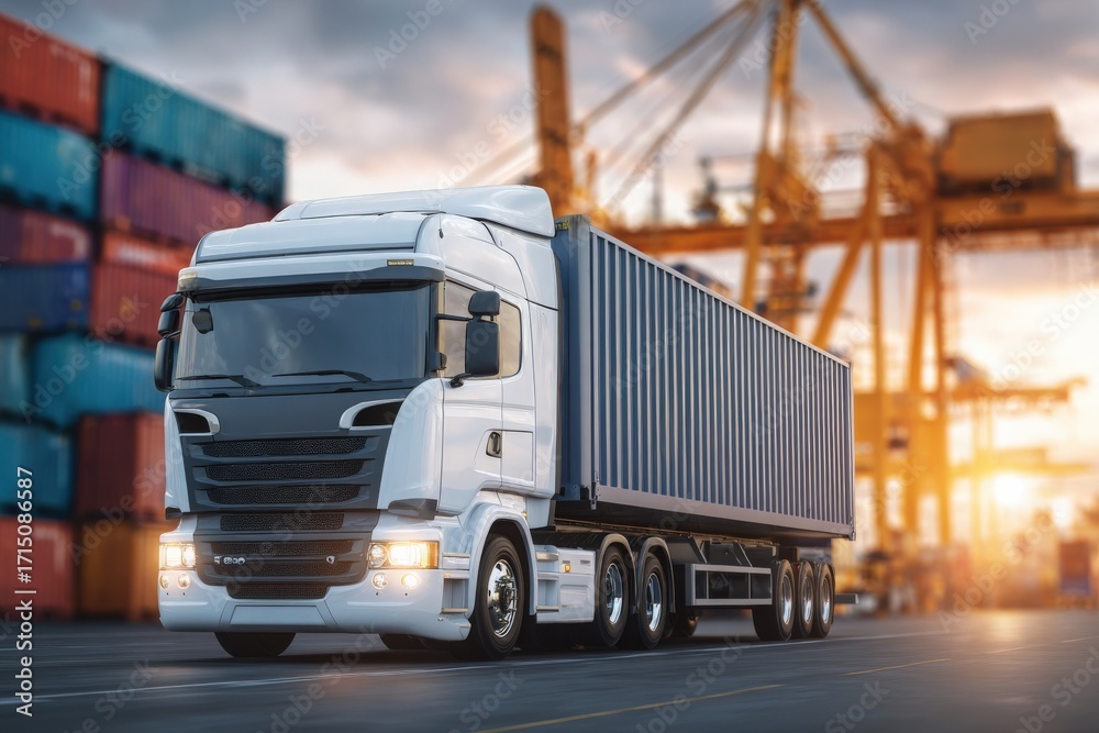 A cargo truck stands at a shipping port, with a large container attached. The sun sets behind cranes and shipping containers, casting warm light on the scene.