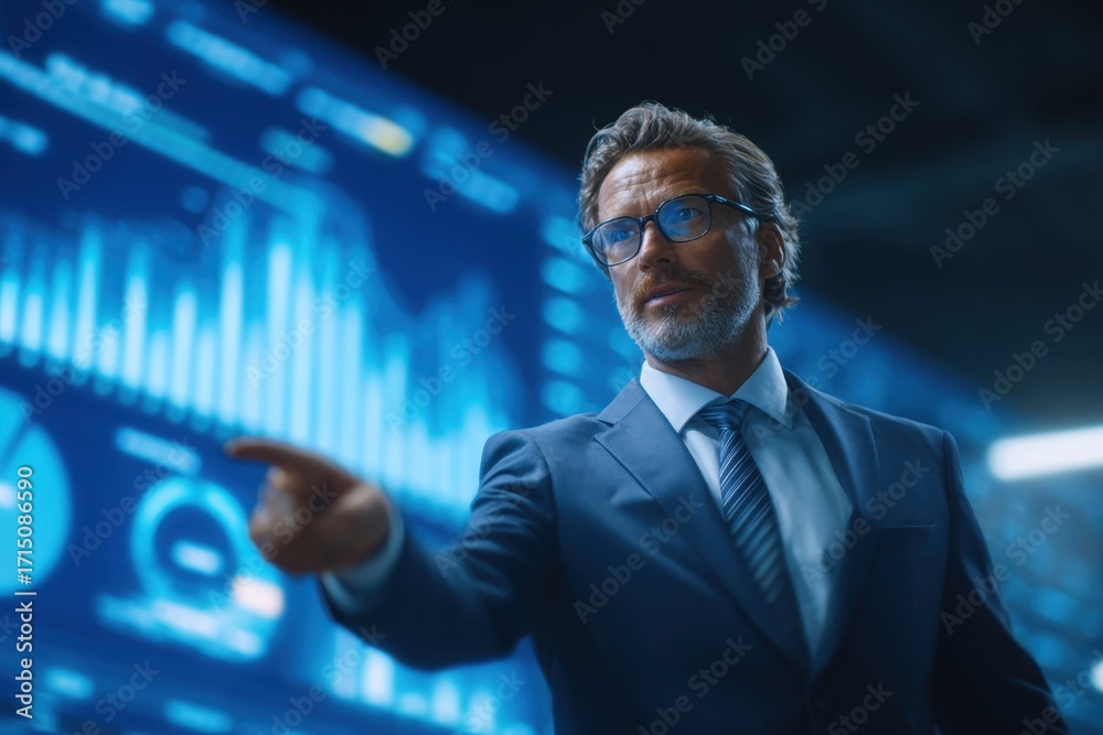 A businessman in a suit examines financial graphs on a digital screen in a modern office. He points at the data, showcasing his engagement in a financial analysis process.
