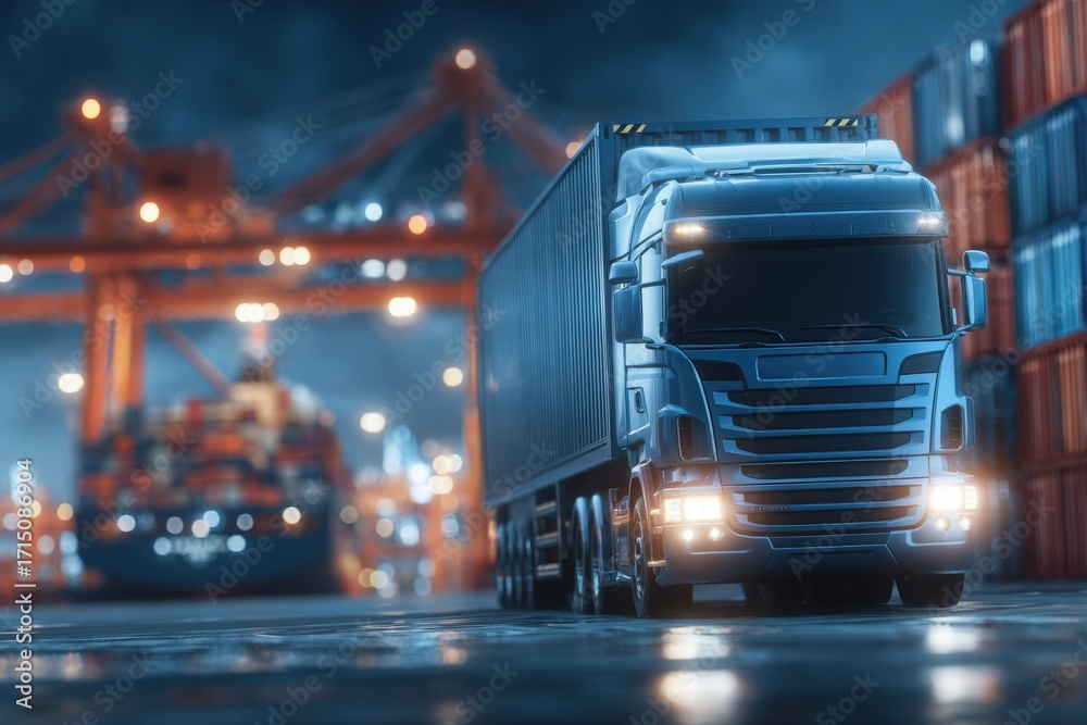 A large truck is parked in a shipping port at night, with bright headlights illuminating the area. Container cranes loom in the background, suggesting active unloading of cargo.