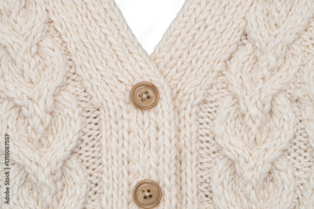 This cozy knitted sweater features a cream color and intricate cable patterns. It has a deep V-neckline and is fastened with wooden buttons. Perfect for cool weather layering.