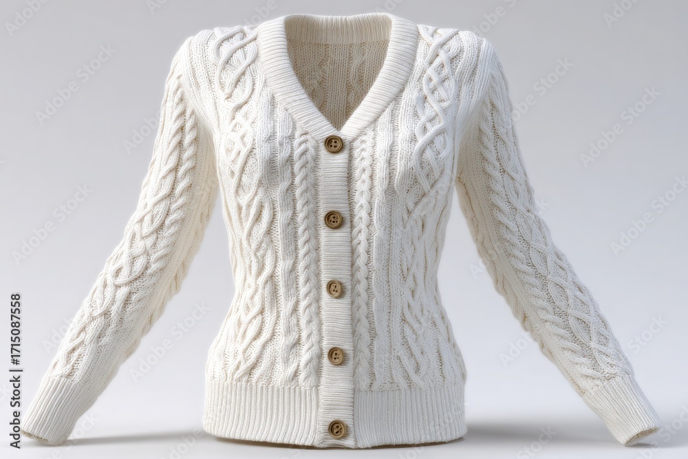 A stylish white cable knit cardigan features a V-neck and button closure, perfect for layering in cooler weather. The intricate design adds a touch of sophistication to any outfit.