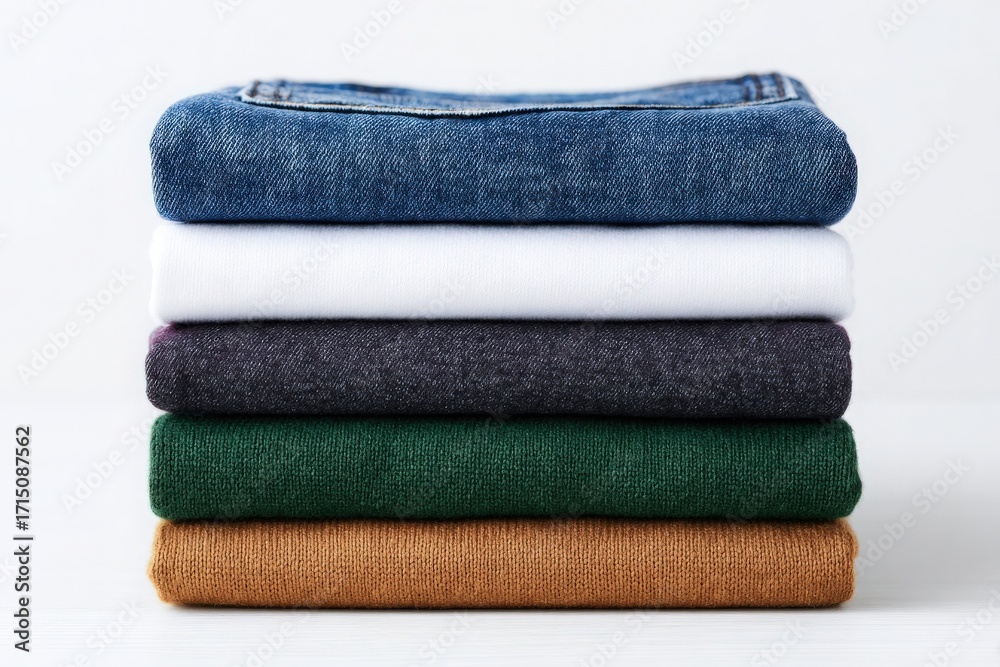 Five stacks of folded clothing in different colors are neatly arranged. The top layer is blue denim, followed by white, dark gray, green, and brown fabric. The surface below is light-colored.