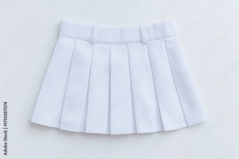 A white pleated skirt is laid flat against a light background. The fabric features neat folds, creating a stylish look perfect for various occasions, whether casual or formal.