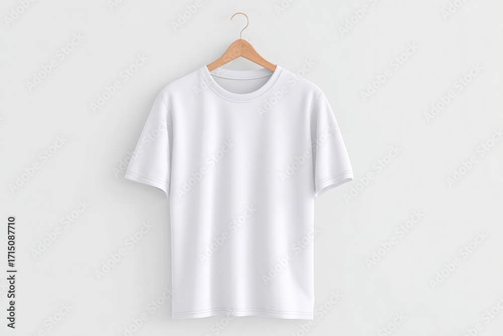 A plain white t-shirt is neatly hanging on a wooden hanger. The background is light and minimalistic, highlighting the shirts simple design and clean lines, suitable for casual wear.