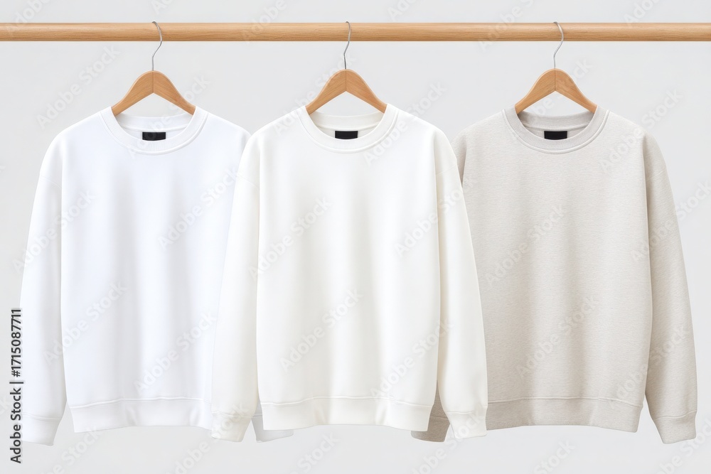 Three sweatshirts in white and light grey hues hang neatly on wooden hangers. The clean design emphasizes comfort and simplicity, perfect for relaxed outfits in any season.