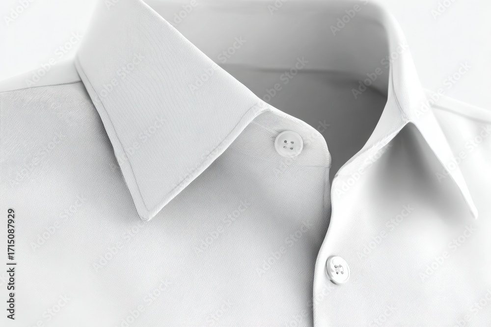 A close-up view of a crisp white shirt features a classic collar and neatly sewn buttons. The shirts fabric appears smooth and well-pressed, showcasing its quality.
