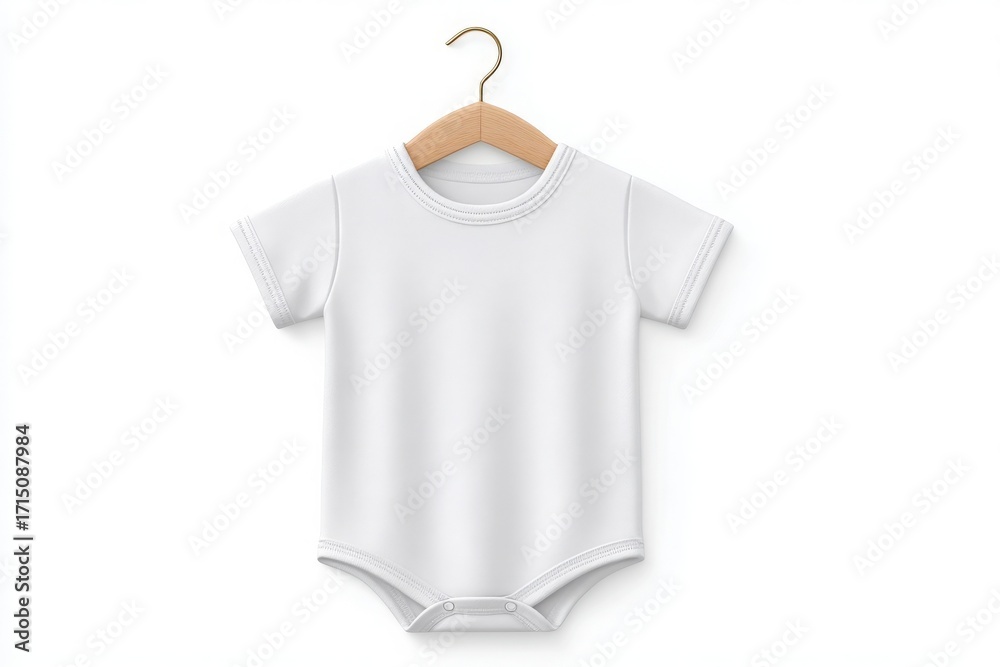 A simple white baby onesie is displayed hanging on a natural wooden hanger. The soft fabric and neat design make it ideal for newborns and young infants.