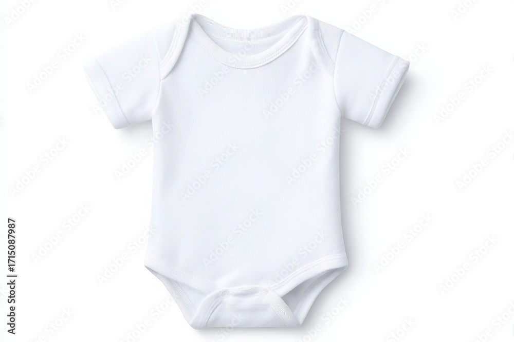 A simple, short-sleeved white onesie designed for babies is laid flat. This soft outfit is ideal for casual use, layering, or personalizing with prints or designs for any occasion.