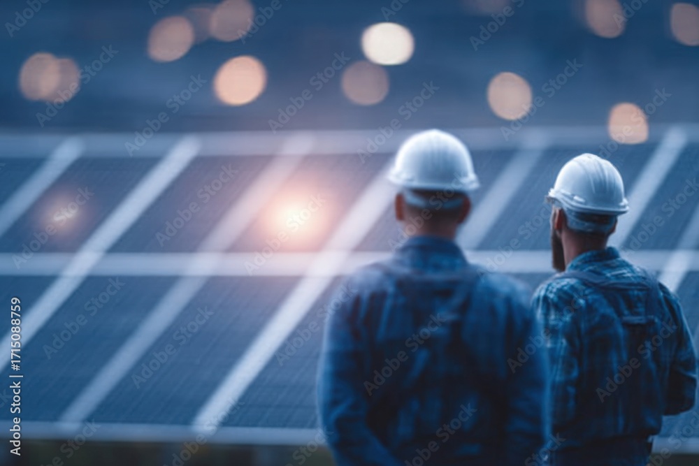 Two workers in hard hats stand facing solar panels, reflecting on their work in renewable energy.