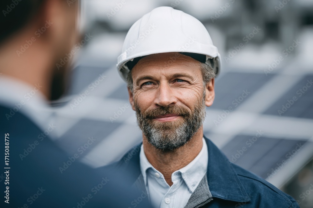 A man with a beard and hard hat is smiling while engaged in a conversation at a solar energy site. Solar panels are visible in the background, indicating a focus on renewable energy.