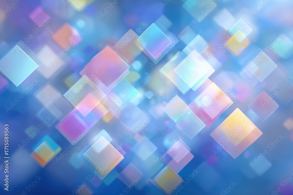 Soft geometric shapes in pastel colors are scattered across a blurred blue background. The shapes add a whimsical and light atmosphere, creating a serene feel.