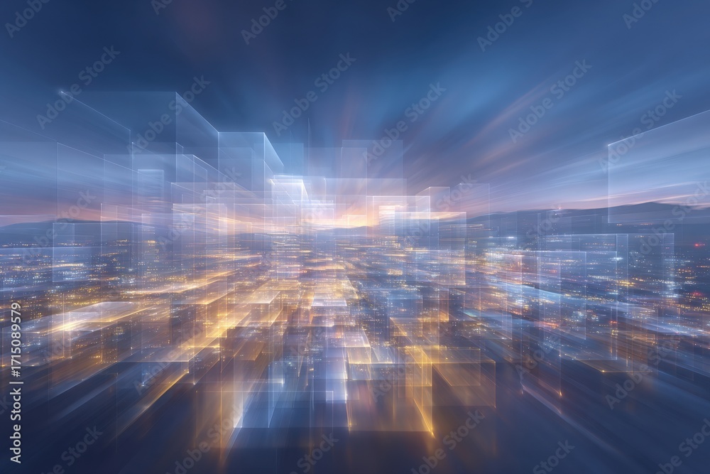 Bright city lights create a dynamic blur as they transition into abstract forms during dusk.