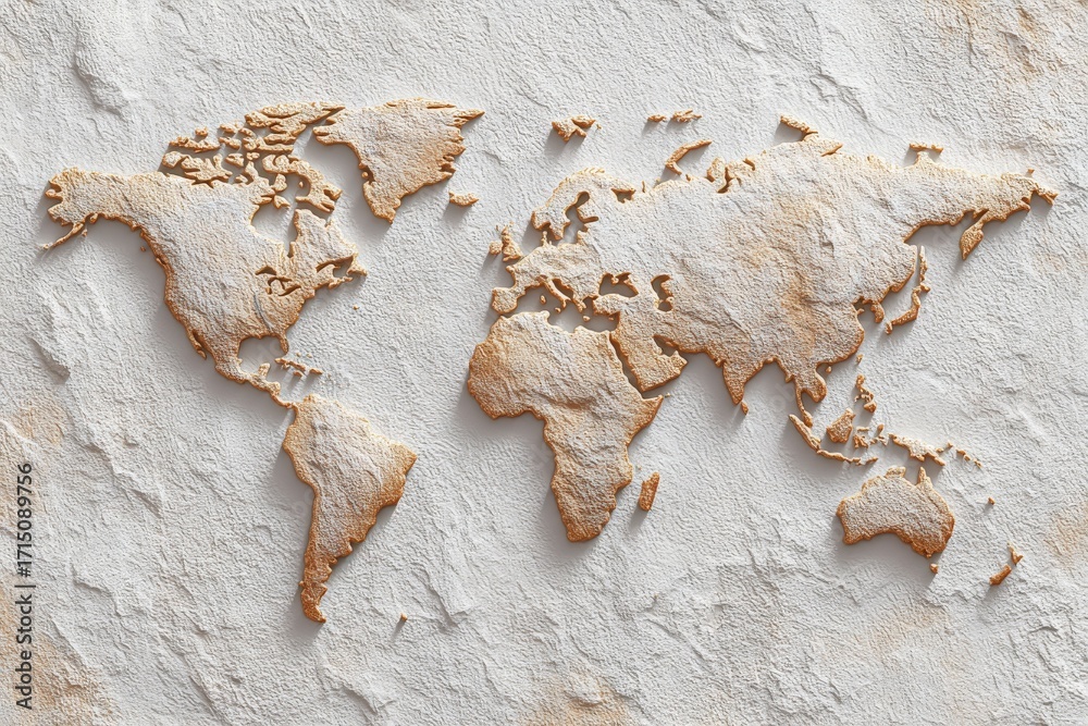 A detailed world map is carved into a textured surface, highlighting the continents and outlining geographical features. The design emphasizes the global layout in a minimalist style.